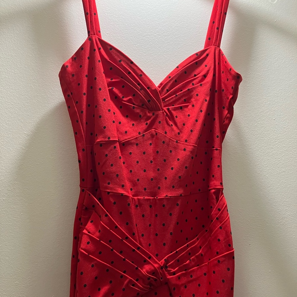 Red wiggle dress with Black Polka Dots